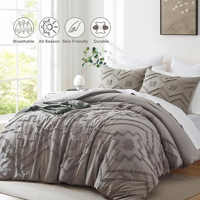 Oli Anderson Boho Tufted Comforter Set Twin Size, 2 Pcs Soft Jacquard Bedding Set for All Seasons, Shabby Chic Farmhouse Bedding Set with Comforters for All Seasons (Grey, Twin)