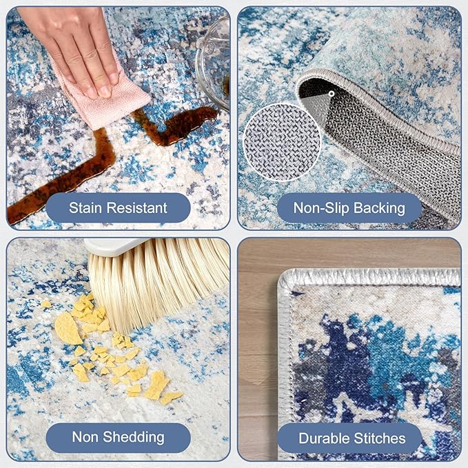 Washable Area Rug 5x7 - Neutral Modern Abstract Rugs, Soft Non Slip Thin Carpet with for Bedroom, Under Dining Room Table, Home, Office, Dorm, Office Rolling Chair - Blue Gray