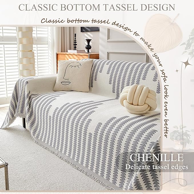 ALIECOM Boho Couch Covers for Sectional Sofa 2 Piece Thick Chenille L Shape Sofa Cover Washable Reversible Couch Cover Blanket Sofa Slipcovers Pet Dog Furniture Protector (XX-Large, Fashion Grey)