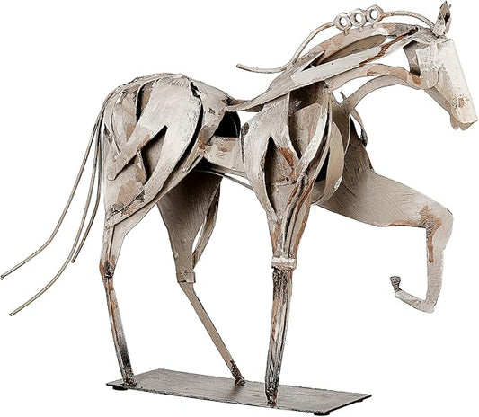 Handmade Metal Horse Statue Decor - Handcrafted & Hand-Painted Sculpture, Unique Rustic Figurine for Home, Office, Desk Decoration (White)