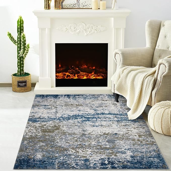 Modern Abstract 2x3 Area Rug Non Slip Non Shedding Low Pile Stain Resistant Rug for Entryway Kitchen Bedroom,Navy