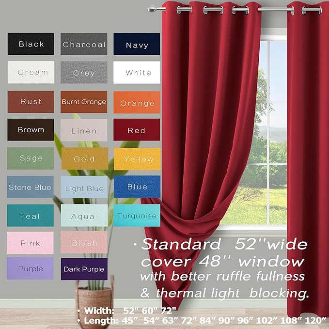 Red Curtains for Living Room,Thermal Extra Long 108 Inches 2 Panels Set Blackout Cloth Sheet Curtain Drapes for Sliding Glass Door Family Apartment House Backdrop Decoration Parties 52x108 Inch Length