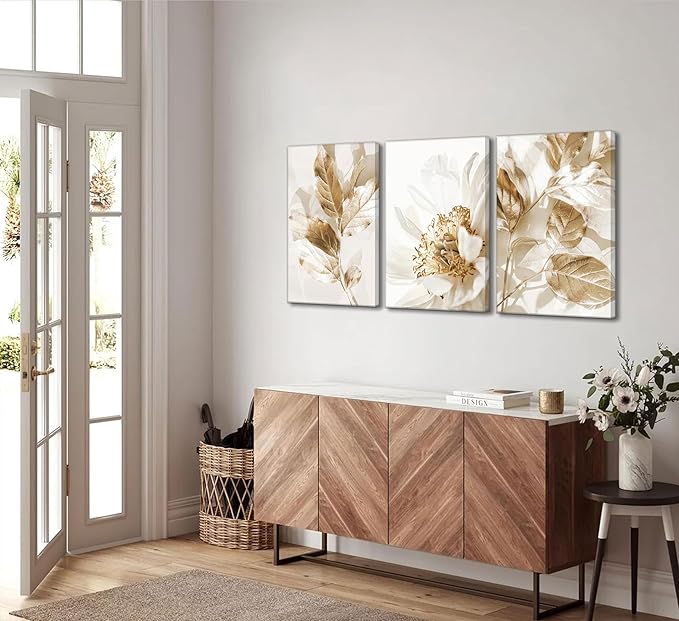 3 Pcs Modern White Floral Golden Leaves Canvas Wall Art Neutral Boho Beige Botanical Painting Pictures Nordic Wall Decor Posters Print Artwork for Bedroom Living room Office Home Decoration