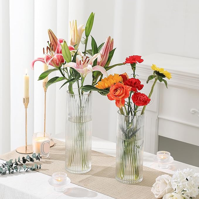 Clear Glass Vases, Glass Flower Vases Set of 2, Ribbed Glass Vases, Clear Vase, Tall Cylinder Vase for Centerpieces, Living Room, Bedroom, Dining Table, Office, Wedding, Bookshelf