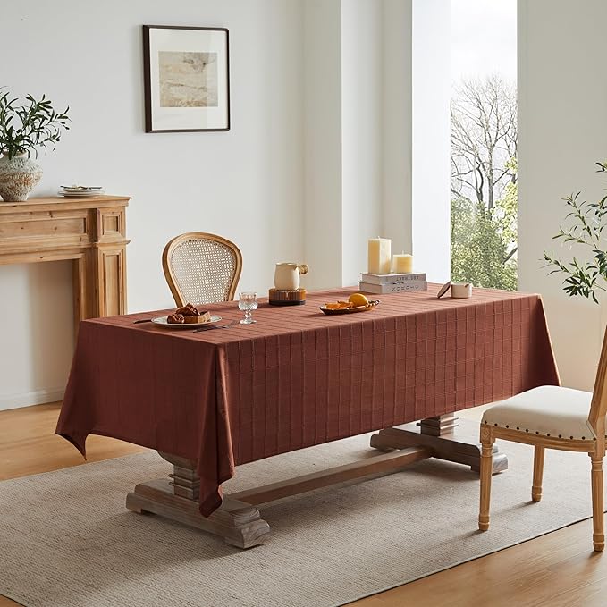 ZeeMart Linen Checked Table Cloth, Farmhouse Style Plaid Embroidered Rust Tablecloth, Water Resistant Rectangle Table Cloth, Terracota 52x70 Inches