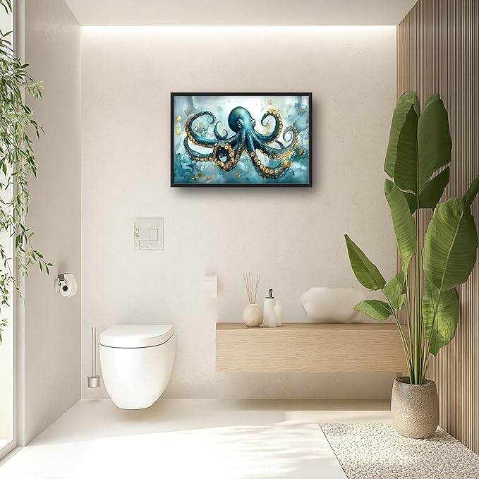Octopus Large Decor Framed Wall Art Blue and Gold Pictures for Living Room, Ocean Nautical Oversized Canvas Print Painting Modern Extra Large Framed Artwork for Bedroom Office Home Decor 36"x24"