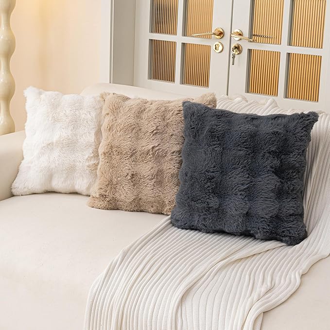 Faux Fur Throw Pillow Covers(Pack of Two, Dark Grey) 20×20 Inch Decorative Pillows Cover Neutral Soft Chenille Couch Pillows with Zipper Aesthetic for Living Room and Bedroom