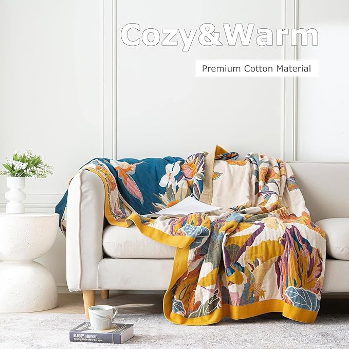 Queen Throw Blanket for Bed 100% Cotton Boho Ultra Soft Quilt Butterfly and Floral Double Embroidery Fall Queen Bed Blanket Bedspread,90"x 90" All Season Blankets for Bedding Couch