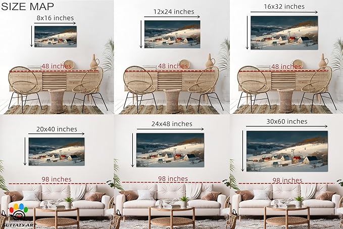 GUTTATY Christmas Winter Scene Canvas Wall Art, Snowy Village Pictures, Cable Car Canvas Prints, Nordic Landscape Painting, Cozy Holiday Wall Decor Poster for Living Room, Bedroom, Office, 24x12 Inch