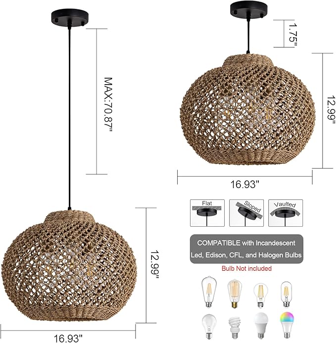17IN Rustic Farmhouse Pendant Lights, 3-Lights Boho Rattan Hand-Woven Hanging Light Fixture, Natural Seagrass Weaving Ceiling Chandelier for Kitchen Island Entry Living Room Dining Room Bedroom