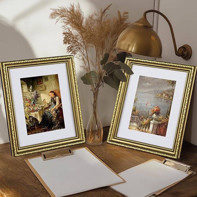 eletecpro 8x10 Picture Frames Set of 2, Vintage Photo Frames with Glass, 8 by 10 Gold Frame Displays 5x7 Photo with Mat or 8x10 without Mat for Tabletop or Wall Decor, Gold