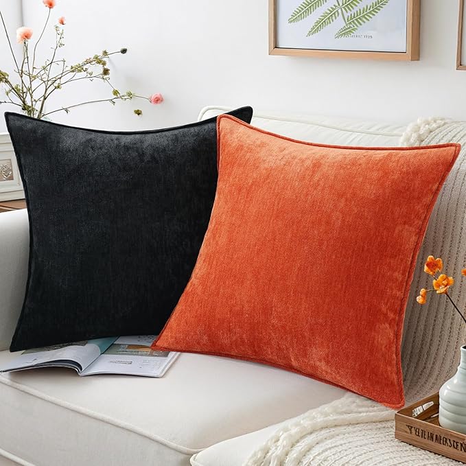 decorUhome Christmas Couch Throw Pillow Covers 22x22 Set of 2, Decorative Soft Euro Velvet Neutral Chenille Pillow Covers with Elegant Design for Sofa Bed Living Room Home Decor, Black