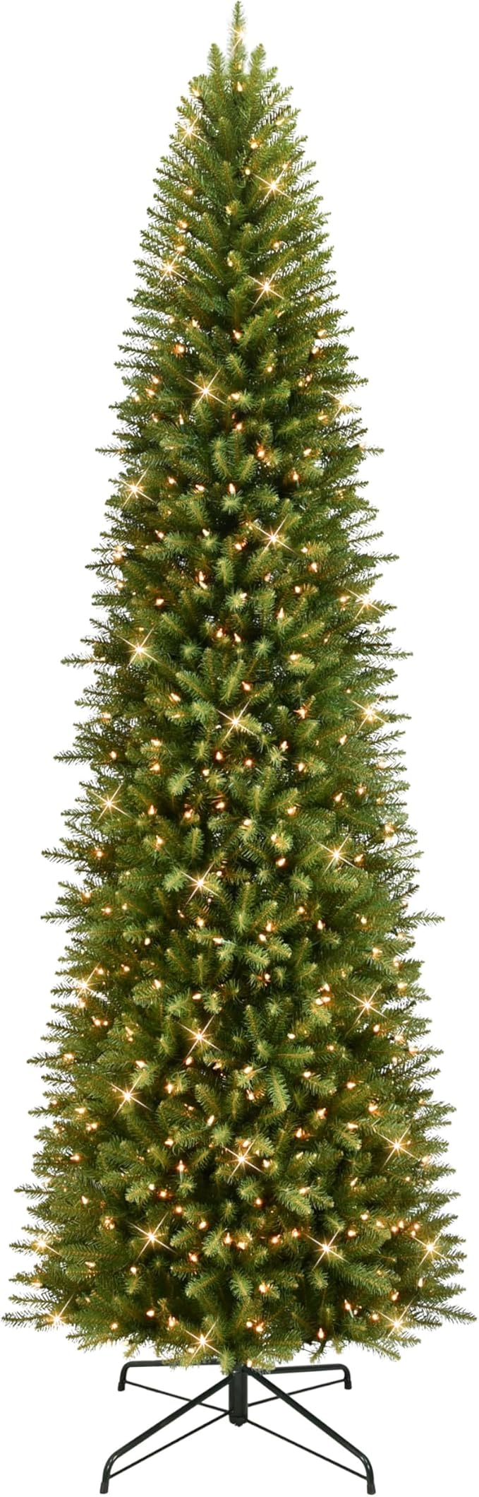 Puleo International 10ft Pre-Lit Slim Fraser Fir Christmas Tree with 650 Clear Lights, 2436 Realistic Dense Branch Tips, Easy Setup Artificial Trees with Sturdy Metal Stand