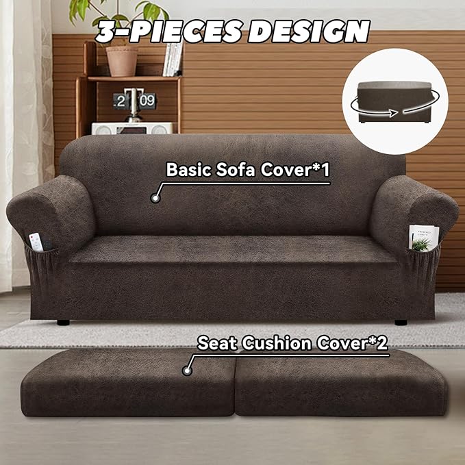 Sofa Slipcover with Armrest Pockets 3-Piece Set, Stretch Faux Leather Couch Cover for 2-Cushion Couches(Fits 72-92") - Non-Slip, Machine Washable, Pet & Kid Friendly - Light Brown