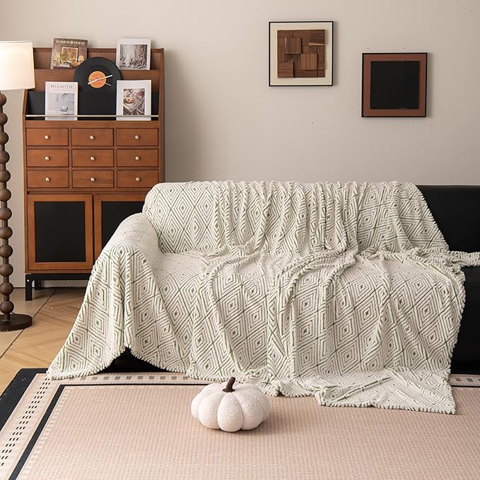 ROOMLIFE Striped Boho Green Couch Cover for 2-3 Cushion Sofa, Fuzzy Plush Warm Sofa Slipcovers Sectional Sofas Covers, Non Slip Washable Furniture Protector Soft with Tassel,Winter 71''X134”