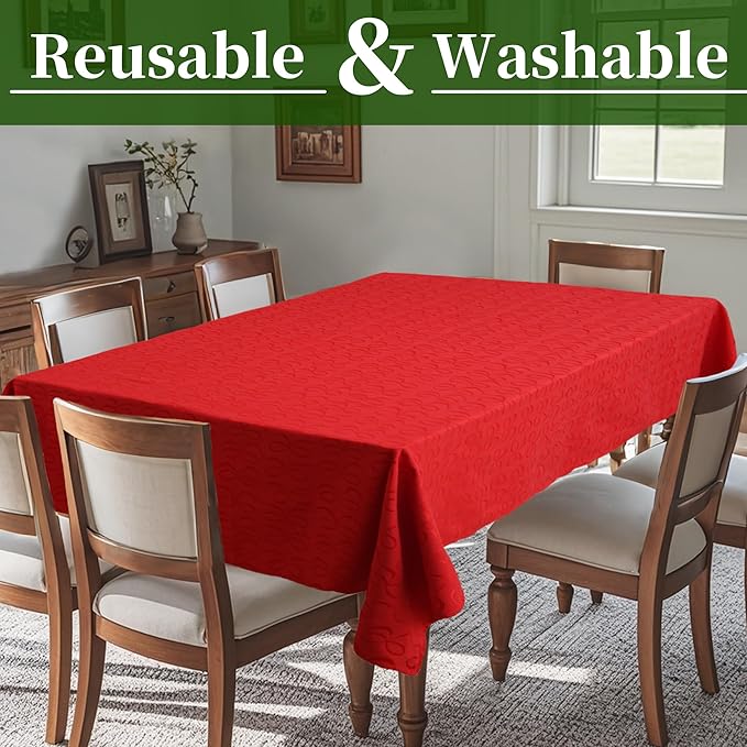 Christmas Table Cloths Rectangle 60 x 102 Washable, Reusable Tablecloths for 8ft Tables (Seats 8-10) - Cotton Polyester, Wrinkle Free, Red Holiday Table Cover for Party & Dining, Bowtie Jacquard (1PC)