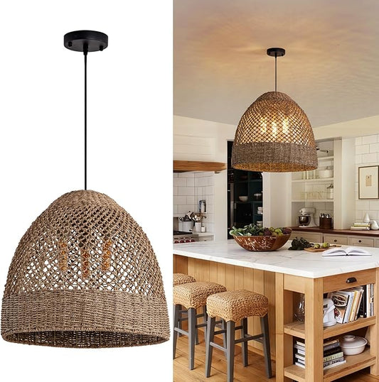 18.9" Rustic Woven Pendant Light Fixture 3-Lights Bohemian Handmade Basket Hanging Light Rattan Wicker Farmhouse Chandelier for Kitchen Island Bedroom Living Room, Kitchen Island, Foyer Hallway