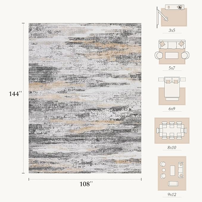 Rugflix 9x12 Large Area Rugs, Abstract Washable Rug for Living Room, Soft Low Pile Carpet, Non-Slip, Stain Resistant, Neutral Beige Grey Indoor Rug for Bedroom, Dining Room, Home Office
