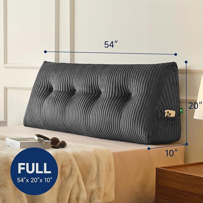 Z-hom Full Headboard Pillow, Triangular Wedge Reading Pillow for Bed or Sofa, Ergonomic Backrest Cushion for Sitting Up, Reading or Relaxing, with Side Pocket，Removable Washable Cover,Grey