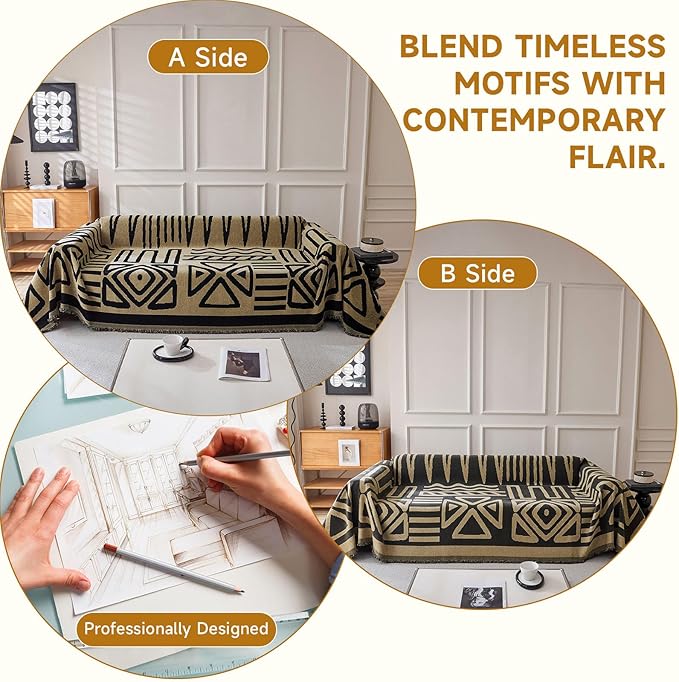 VClife Boho Couch Cover Soft Thick Chenille Couch Covers for Sectional Sofa, Bohemian Jacquard Couch Cover for 2 Cushion Couch Sofa Washable Breathable Furniture Protector, Camel, 71"x118"