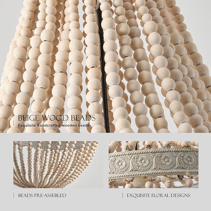 Boho Wood Beads Chandelier Vintage Rustic Farmhouse Chandeliers 3-Lights Wooden Island Pendant Lighting Fixture Retro Ceiling Lights for Dining Room Kitchen Bedroom Foyer D21.65