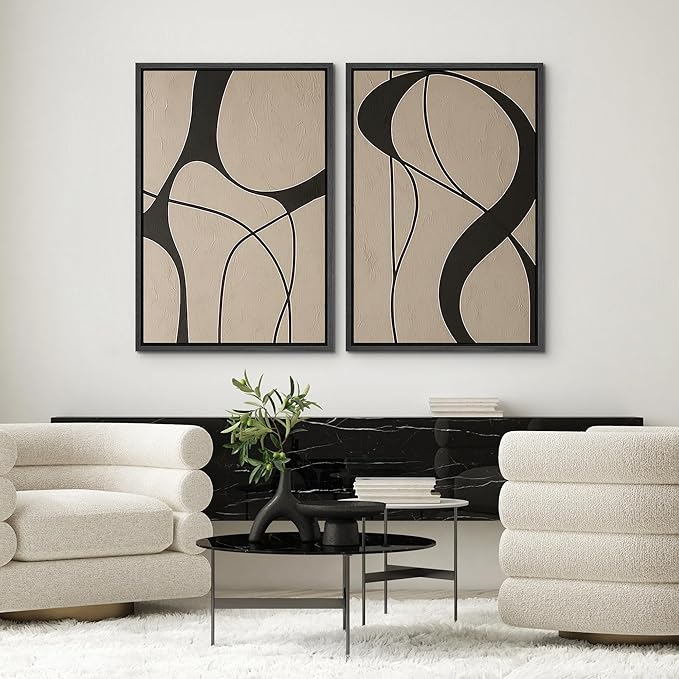 SIGNWIN Framed Canvas Print Wall Art Set Neutral Beige and Black Abstract Line Modern Minimalist Modern Art Minimal Boho Relax/Calm for Living Room, Bedroom, Office - 16"x24"x2 Black