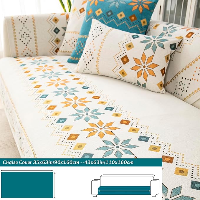 Boho Chenille Couch Covers,Geometric Couch Covers for Sofa,Chenille Couch Cover Non Slip,Sectional l Shaped Sofa Furniture Protector Cover for Home Decor,Off-White_Chaise 35x63in/90x160cm