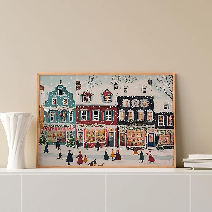 OZCONO Retro Snowy Town Christmas Art, Winter Farmhouse Holiday Decor, Vintage Village Seasonal Accent, Xmas Print, Cozy December Scene for Festive Home Styling (Unframed) (12x18)
