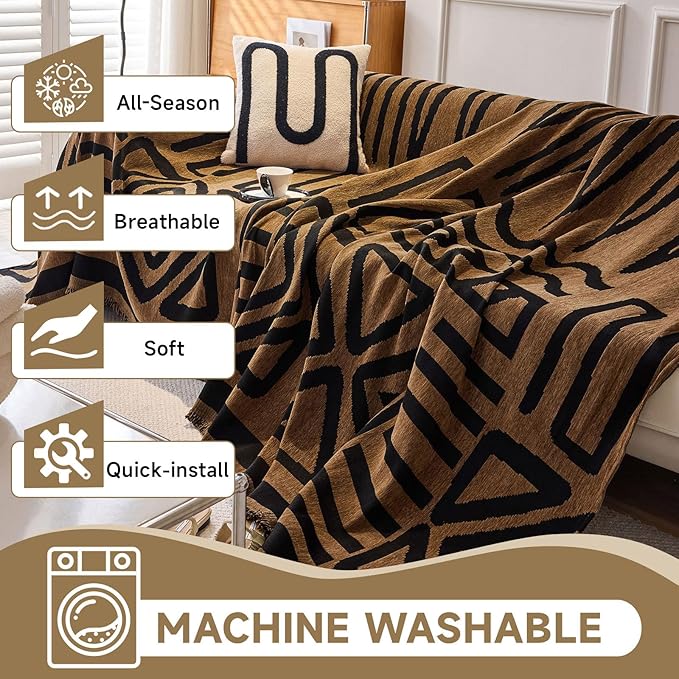 VClife Couch Cover 1 Piece Boho Tribal Black and Pumpkin Geometric Jacquard Sofa Cover for 2 Cushion Couch Sofa, Soft Washable Chenille Living Room Loveseat Cover Slipcover for Sofa Bed 71"X102"