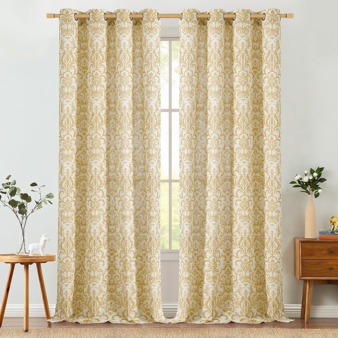 jinchan Curtains for Bedroom, Light Filtering 96 Inch Length 2 Panels Set, Farmhouse Style Linen Blend Drapes Living Room, Vintage Damask Curtains, Grommet Top Mustard Yellow on Flax, W52 X L96