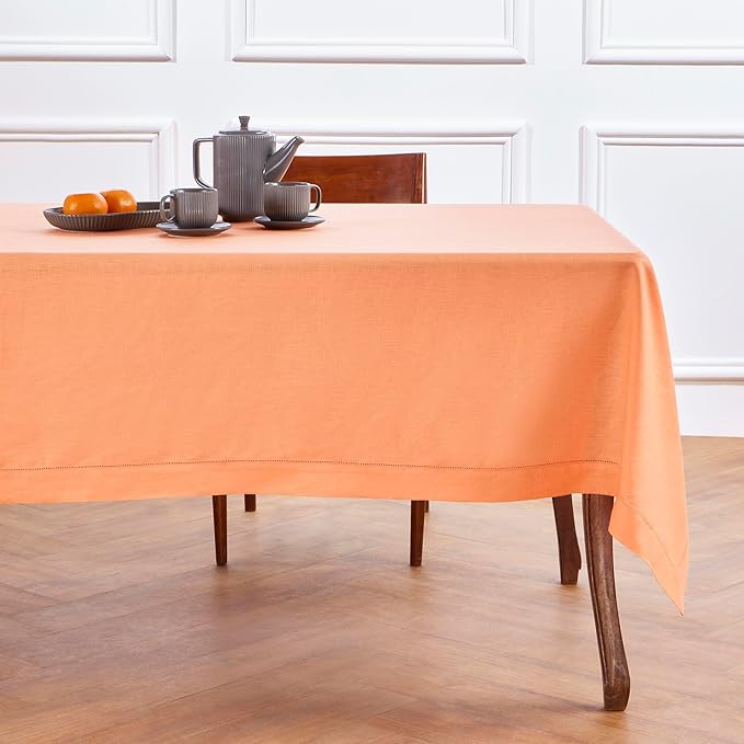 Solino Home Linen Tablecloth for Rectangle Tables 60 x 108 Inch - Classic Hemstitch 100% Pure Linen Coral Table Cloth - Machine Washable Cloth Tablecloth