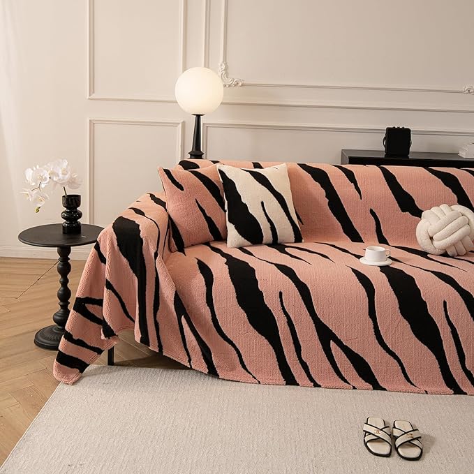ROOMLIFE Striped Boho Pink Couch Cover for 2-3 Cushion Sofa, Fuzzy Plush Warm Sofa Slipcovers Sectional Sofas Covers, Non Slip Washable Furniture Protector Soft with Tassel,Winter 71''X150”