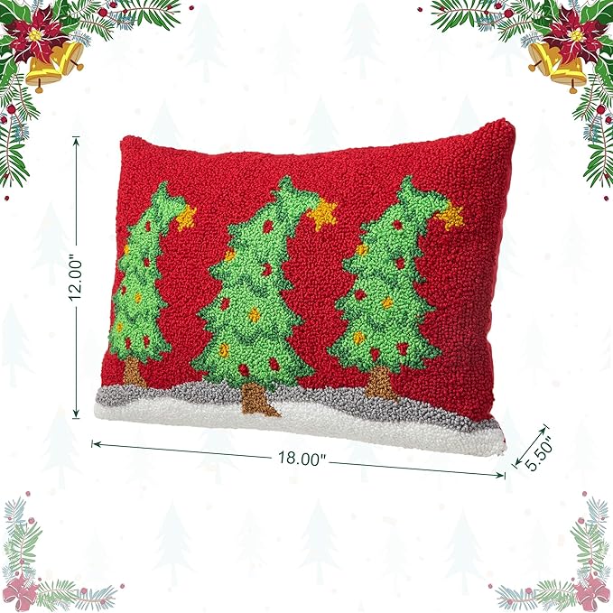 Glitzhome Hooked Christmas Pillow, 18 inch Handmade Bent Trees Festive Home Decor, Acrylic Accent Sofa Bed Headrest‌ for Holiady and Seasonal Celebration