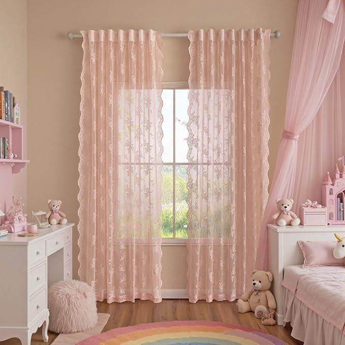 MEETSKY Pink Floral Lace Curtains 72 Inches Long Vintage Victorian French Princess Elegant Light Filtering Drapes with Back Tab Rod Pocket for Girls Room, 50"x72", 2 Panels