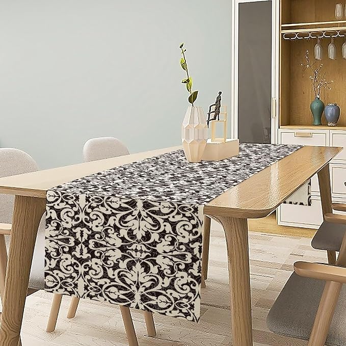 Black White Vintage Damask Table Runner Classic Retro Table Runner for Kitchen Dining Weddings Party Decor 13x60in