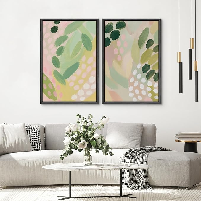 SIGNWIN Framed Canvas Print Wall Art Set Pastel Garden Rhythm Abstract Green and Pink Brushstroke Botanical Zen Bohemian for Living Room, Bedroom, Office - 24"x36"x2 BLACK
