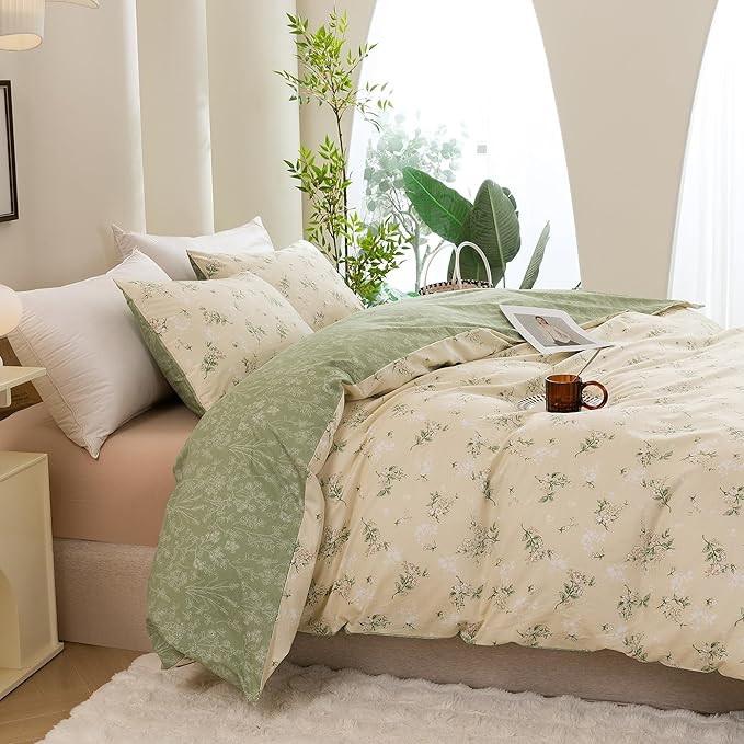 ECOCOTT Duvet Cover Queen Size - Reversible Green Floral Duvet Cover Set, Ultra Soft & Breathable Comforter Cover with Zipper Closure 4 Ties Bedding Set for Girls and Women