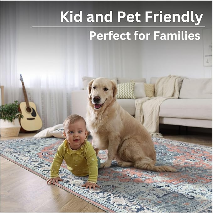 Bloom Rugs Washable Non-Slip 10 ft Runner - Coral/Blue Traditional Medallion Runner for Entryway, Hallway, Bathroom, and Kitchen - Exact Size: 2.5' x 10'