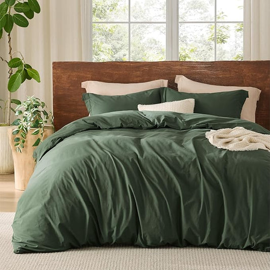 Bedsure 100% Washed Cotton Duvet Cover Oversized King - Olive Green Minimalist Cotton Duvet Cover Breathable - GentleSoft™ Plain Simple Bedding (Olive Green, Oversized King, 120"x98")