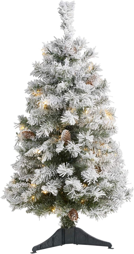 Nearly Natural 3ft. Flocked White River Mountain Pine Artificial Christmas Tree with Pinecones and 50 Clear LED Lights