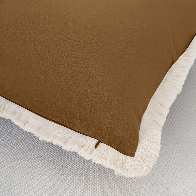 MONDAY MOOSE Decorative Throw Pillow Covers Cushion Cases, Set of 2 Soft Velvet Modern Fringe Tassel Designs, Mix and Match for Home Decor, Pillow Inserts Not Included (Caramel, 18x18 inch)