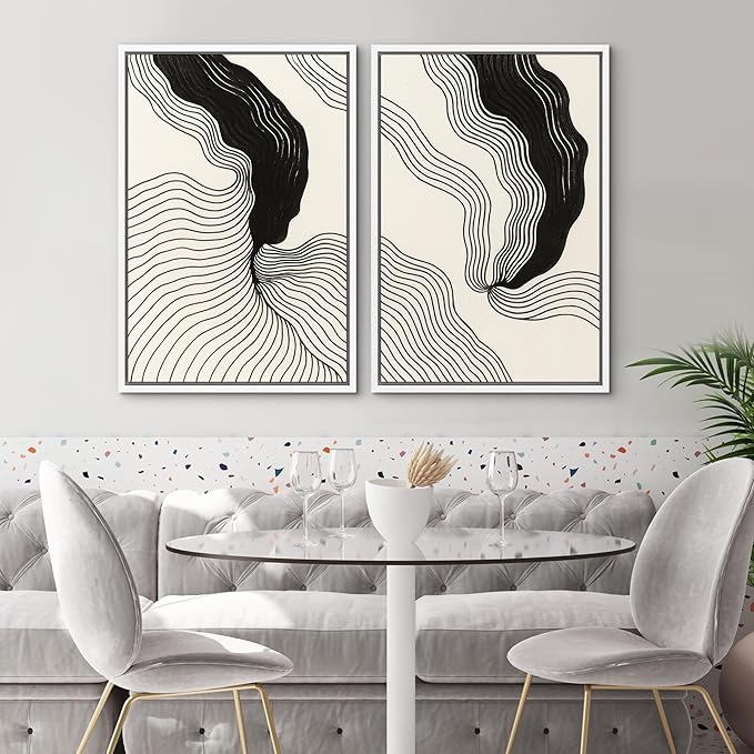 SIGNWIN Framed Canvas Print Wall Art Set Abstract Black Line Flow Minimalist Modern Art Minimal Boho Relax/Calm for Living Room, Bedroom, Office - 24"x36"x2 White