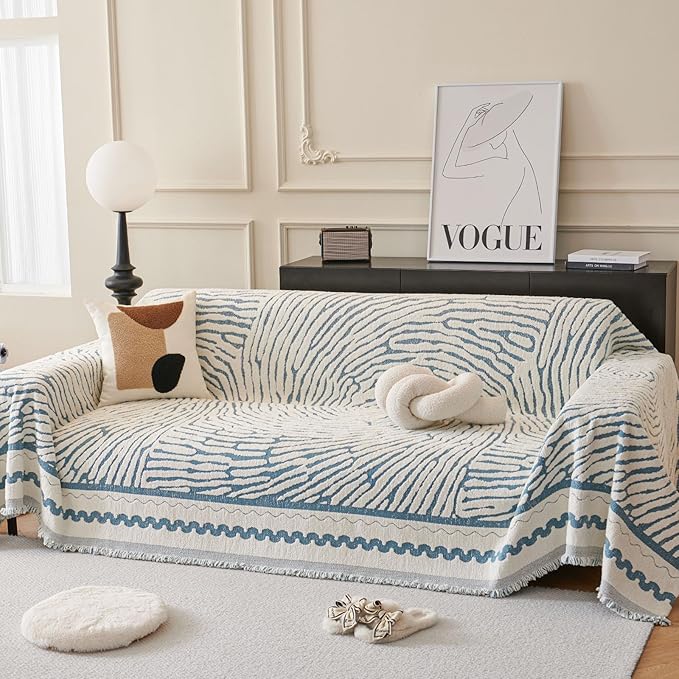 ROOMLIFE Thicked Striped Couch Cover with Tassel Blue Chenille Sofa Cover Blanket for Sectional Sofa, Soft Sofa Slipcovers for L Shaped Love Seat 2-3 Cushion Couch Anti Slip Sofa Protector, 71"x150"