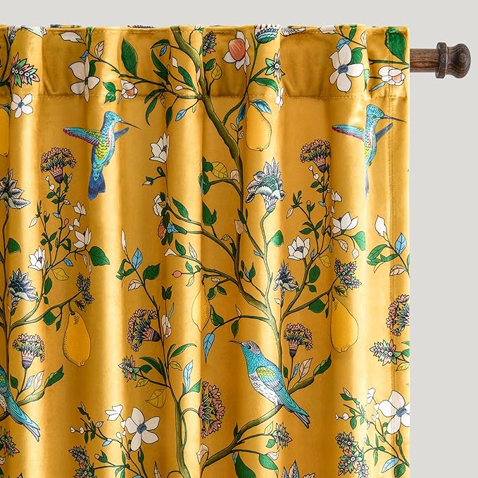 Mustard Yellow Luxury Velvet Floral Curtains 84 inches for Living Room,Vintage Victorian Botanical Blackout Curtain Drapes,2 Panels Mid Century Art Deco Bird Flower Window Curtains for Bedroom