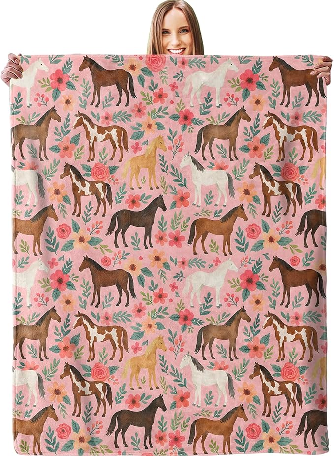 Charming Horse Floral Blanket, Plush Soft Lightweight Warm Cozy Flannel 50×40 inch Colorful Horses Throw Blanket for Couch, Travel, Bed, Outdoor, Gifts for Women Kids Teens Adults Girls
