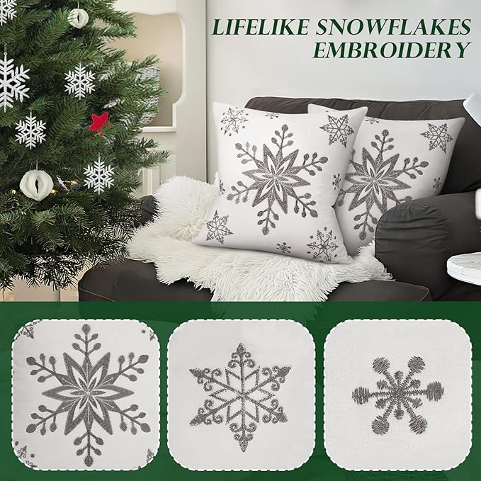 Lewondr Christmas Throw Pillow Covers, 16x16 Inch Snowflake Embroidery Pillow Cases Home Xmas Decorative Holiday Decor Cushion Covers Soft Velvet Pillow Cover for Sofa Bed Chair Set of 2, White