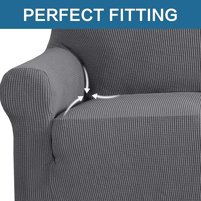 H.VERSAILTEX Stretch Couch Cover Loveseat Covers for 2 Cushion Couch Slipcover|Sofa Cover for Love seat 1 Piece with Elastic Bottom, Checked Jacquard Fabric(Loveseat 58'-70' Wide, Grey)