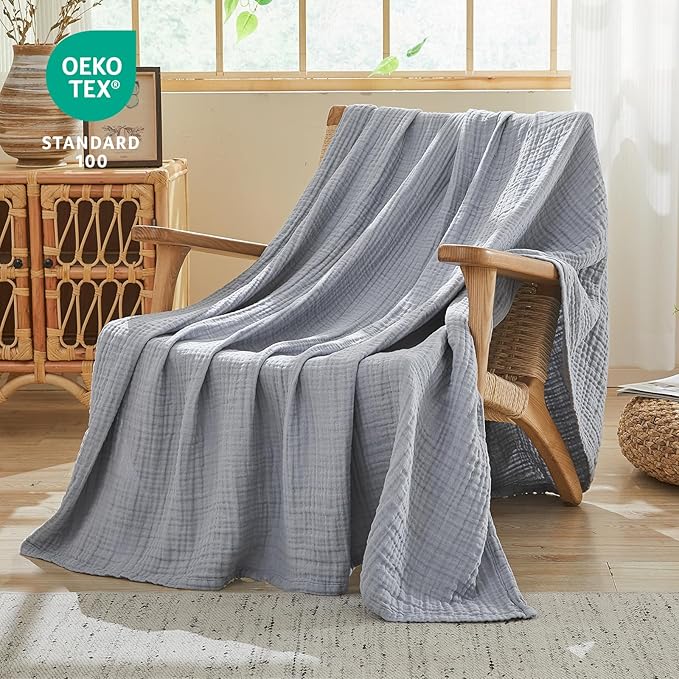 EMME Cotton Muslin King Blanket Big Oversized Bed Layering Bedspread Coverlet Breathable Gauze Soft Lightweight Blankets (Dusty Blue, 120"x94")