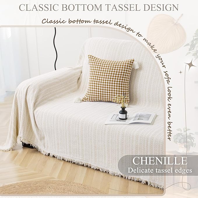 ALIECOM Boho Couch Covers for Sectional Sofa 2 Piece Thick Chenille L Shape Sectional Sofa Cover for Dogs Couch Cover Blanket Sofa Slipcovers Pet Furniture Protector Washable (XX-Large, Lines Khaki)