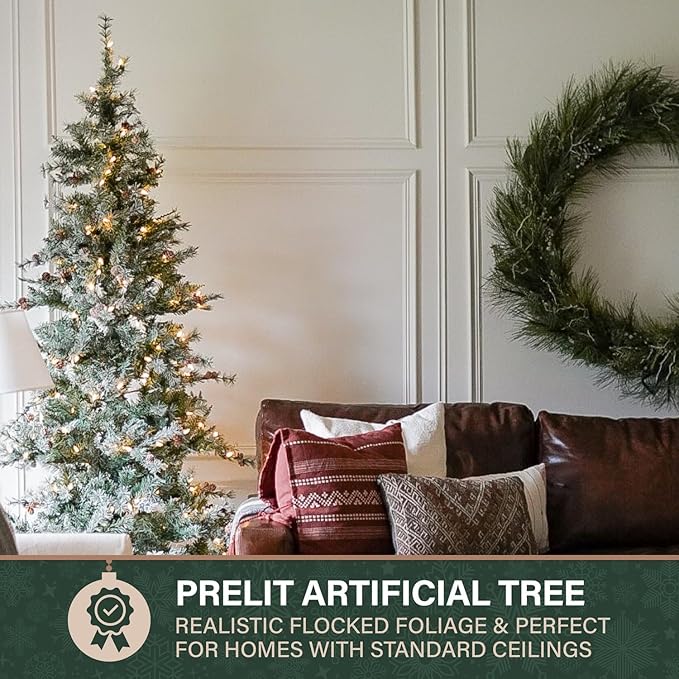 Fraser Hill Farm 7.5-Ft Buffalo Fir Slim Artificial Christmas Tree with Warm White LED Lights, Prelit Foldable Fake Tree with Realistic Snowy Foliage and Pinecones for Home Decoration